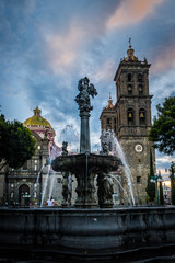 Fountain and Puebla Cathedral  - Puebla, Mexico