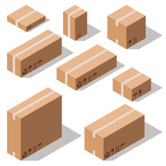 Set closed cardboard boxes isolated on white background.