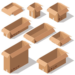 
Set of open cardboard boxes isolated on white background.