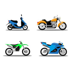 Set of four types of motorcycles in flat design, vector, isolated, moto, bike