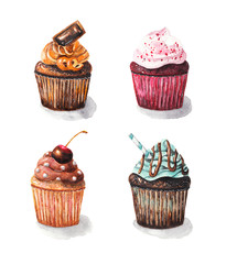 Set of cupcakes. Watercolor illustration on white isolated  background