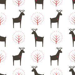 Deer with tree seamless pattern. Cute cartoon nature background. Child drawing style animal illustration. Autumn design for textile, wallpaper, fabric.