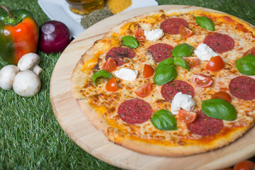 Italian pizza with cheese, fromage, fresh herbs and meat