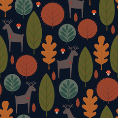 Autumn trees and deer seamless pattern on dark blue background. Decorative forest vector illustration. Cute nature background. Scandinavian style design for textile, wallpaper, fabric, decor. - 125939128