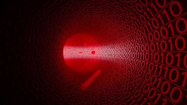 Flight through abstract red tunnel made with zeros and ones. Hi-tech motion background. Computers, binary data transfer, digital technologies concepts. 4K seamless loop clip