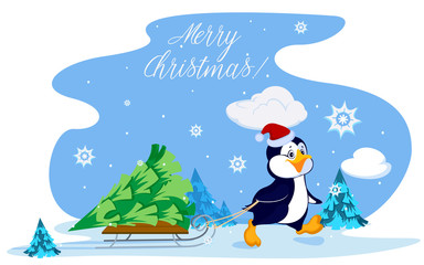 Penguin carries a Christmas tree on a sled through the woods. Ca