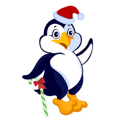Fototapeta premium Penguin in a Santa hat is based on the Christmas candy