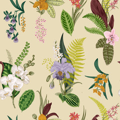 Vector seamless vintage floral pattern. Exotic orchid and leaf. Botanical classic illustration. Colorful - obrazy, fototapety, plakaty