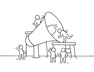 Sketch of working little people with big loudspeaker
