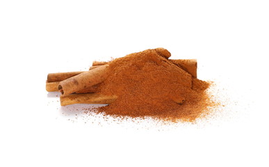 Cinnamon sticks and powder isolated on white background
