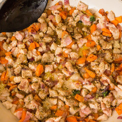 Small pieces of pork cooked in a pan