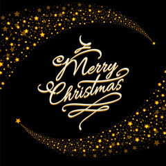 Christmas postcard design with golden stars and ornate lettering Merry Christmas. Vector illustration