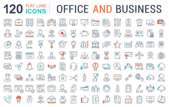 Set Vector Flat Line Icons Office and Business