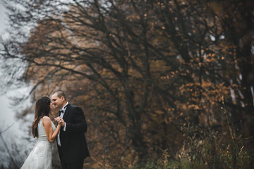 happy bride and groom posing in the autumn forest