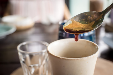 Coffee Espresso and sugar Served on a wooden tray.