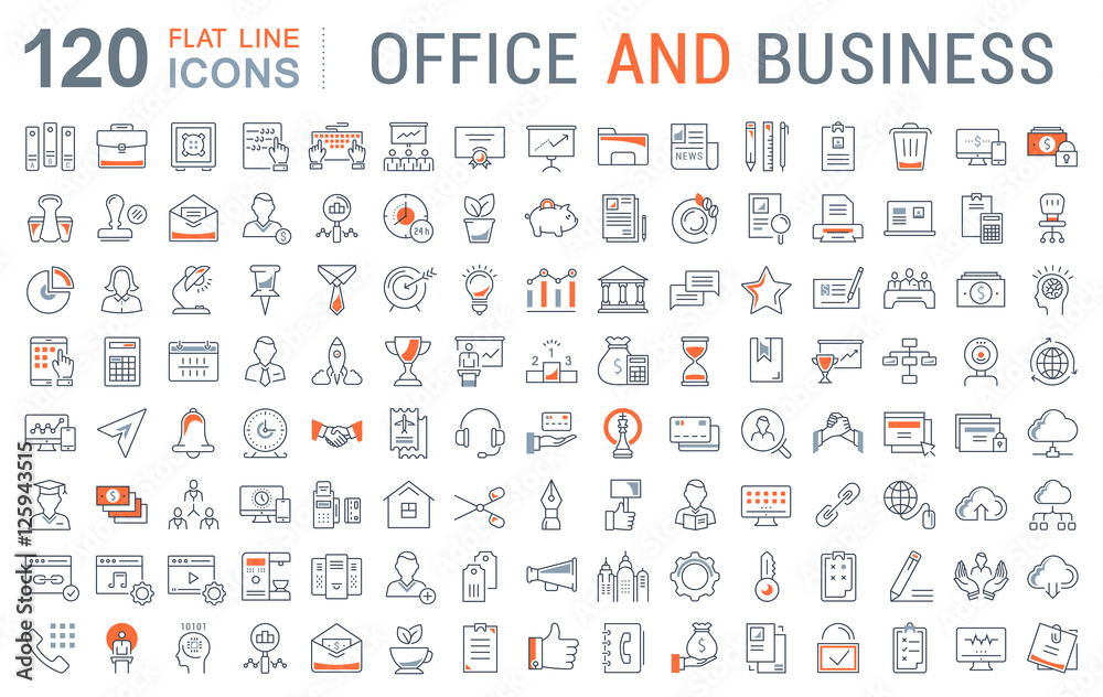Wall mural set vector flat line icons office and business