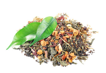 Assortment of dry tea on white background