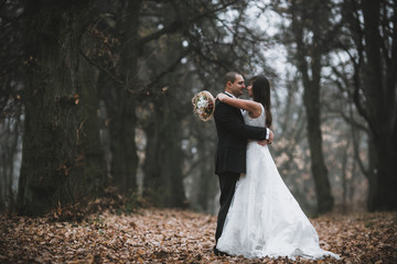 happy bride and groom posing in the autumn forest