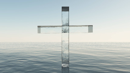 Glass cross in the sea - obrazy, fototapety, plakaty