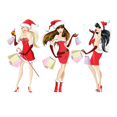 Set of beautiful girls dressed as Santa Claus with shopping. Christmas discounts and sales. Vector illustration on white background.