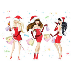 Set of beautiful girls dressed as Santa Claus with shopping. Christmas discounts and sales. Vector illustration on white background.
