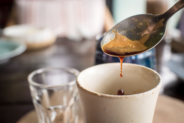 Coffee Espresso and sugar Served on a wooden tray.