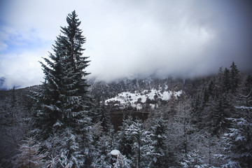 Picture of classic beautiful vibrant swiss landscape mountain road view with Alps mountains, bridge, cows, meadows and village, Switzerland

