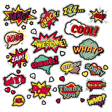 Fashion Badges, Patches, Stickers in Pop Art Comic Speech Bubbles Set with Halftone Dotted Cool Shapes with Expressions Cool Bang Zap Lol. Vector Retro Background