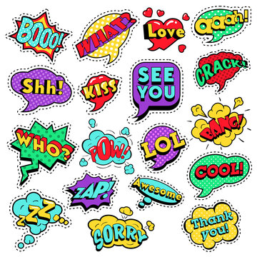 Fashion Badges, Patches, Stickers in Pop Art Comic Speech Bubbles Set with Halftone Dotted Cool Shapes with Expressions Cool Bang Zap Lol. Vector Retro Background