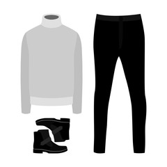 Set of monochrome trendy men's clothes with pants, pullover and accessories