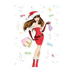 Beautiful girl dressed as Santa Claus with shopping. Christmas discounts and sales. Vector illustration on white background.