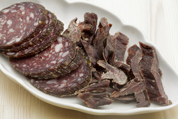 Tasty sliced salami and meat pieces on plate
