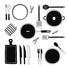 Hand drawn kitchen utensils set. Kitchen tools collection. Cooking equipment, kitchenware, tableware, dishes. Black and white sketch doodle elements for design. Vector flat illustration. Isolated - 125947944