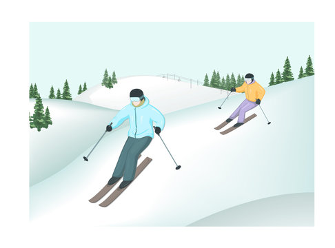 Cartoon skier vector illustration. Skiers descend from the mountains. Winter sport. Winter landscape. Skiers on a background of mountains.