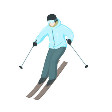 Cartoon skier vector illustration. Winter sport. Stick sportsman.