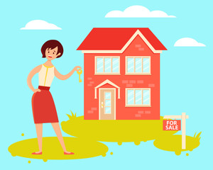 Woman realtor holding house key. Vector illustration