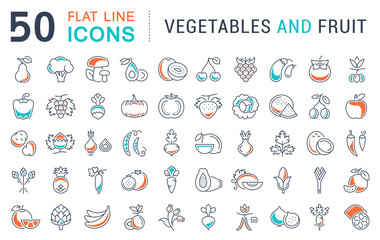 Set Vector Flat Line Icons Vegetables and Fruit