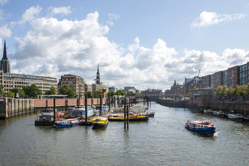 Naklejka premium Hamburg City Germany Boats Harbor front of skyline