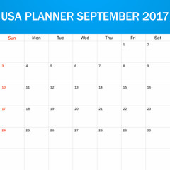 USA Planner blank for September 2017. Scheduler, agenda or diary template. Week starts on Sunday