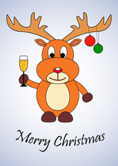 Christmas card. Cartoon deer with a  glass of champagne in his hand and christmas balls on his horns. Christmas symbol.