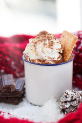 Homemade christmas hot chocolate with whipped cream, cacao and cinnamon on a plate on christmas holiday background