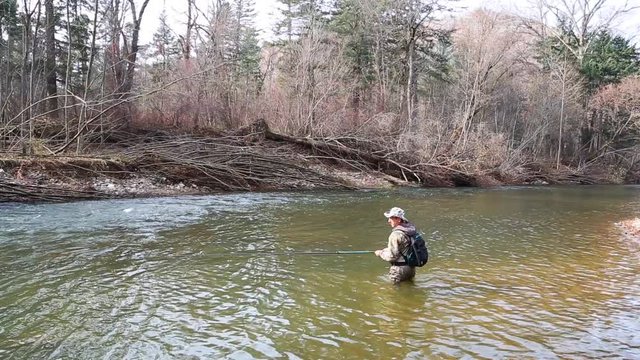 Fisherman catches of grayling in the river with the purest water