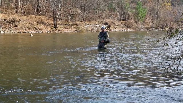 Fisherman catches of grayling in the river in the autumn.