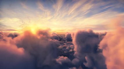 Flying over the evening timelapse clouds with the late sun. Seamlessly looped animation. Flight through moving cloudscape with beautiful sun rays. Perfect for cinema, background, digital composition - Powered by Adobe