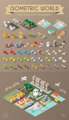 Isometric World. Set of Isolated Minimal City Elements. Town with Shadows on Dark Background.