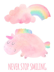 Watercolor unicorn and cloud with rainbow