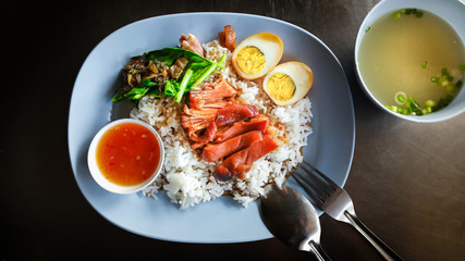 Stewed pork leg on rice  (Kao Kha Moo) with boiled egg garlic and kale in bowl on table.