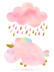 Obraz premium Akwarela jednorożca i chmura z deszczem