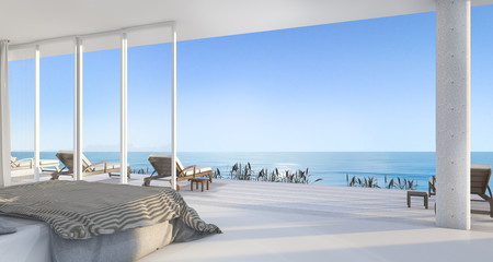 3d rendering luxury villa bedroom near beach with beautiful scene from window
