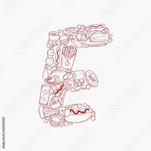  Hand Drawn Doodles Fast Food Alphabet Letter E Vector Illustration 